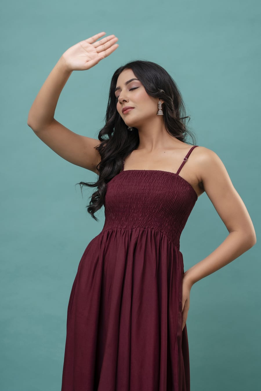 Women's Maroon Cotton Smocked Midi Dress
