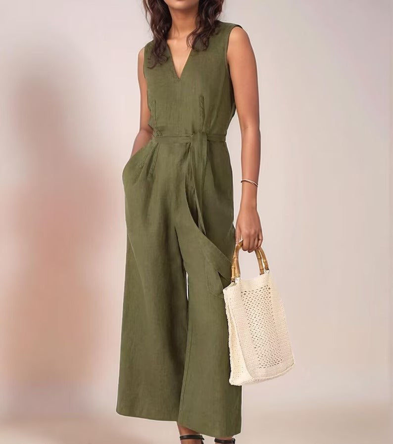 Women's Olive Green Cotton Sleeveless Summer Jumpsuit Casual & Smart Workwear