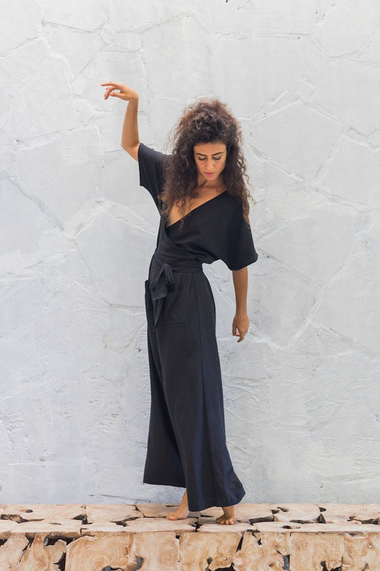 Women's Black Cotton Short Sleeve Jumpsuit