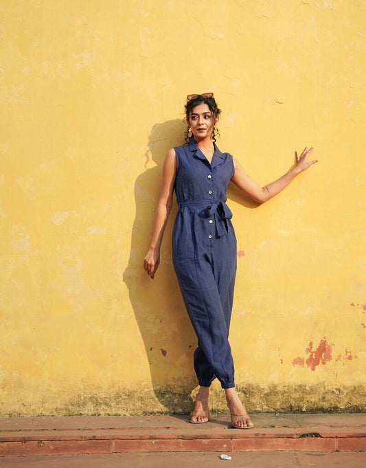 Women's Navy Blue Cotton Sleeveless Jumpsuit