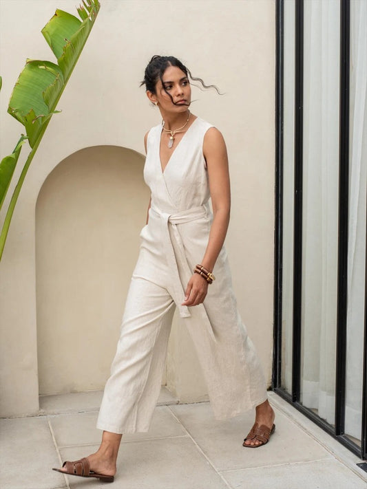 Women's Cream Cotton Sleeveless Jumpsuit
