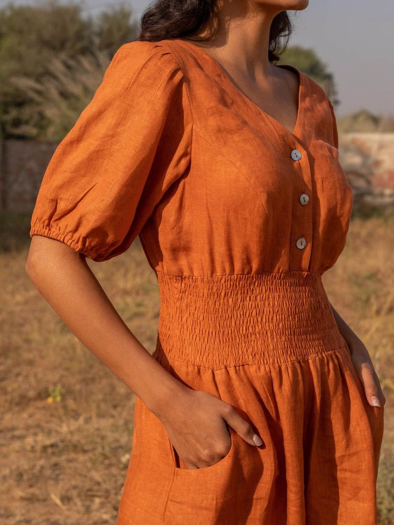 Women's Burnt Orange Cotton Puff Sleeve Jumpsuit