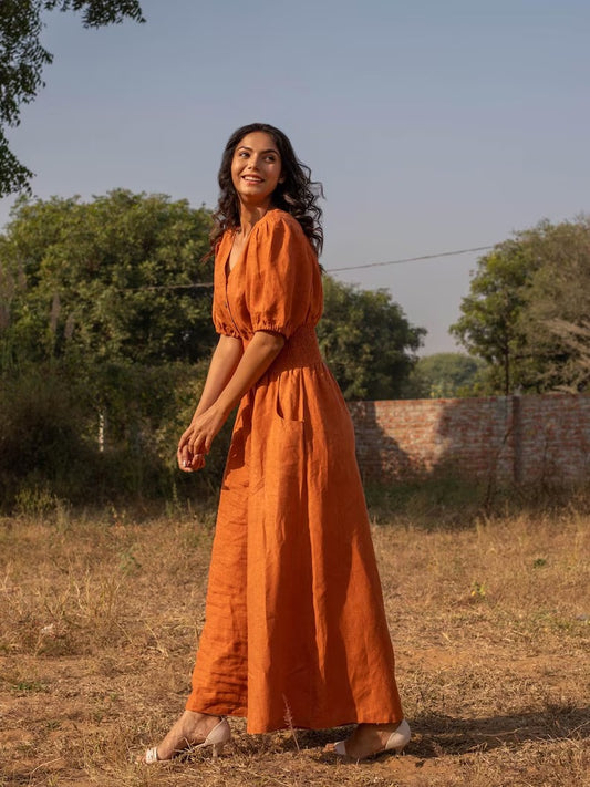 Women's Burnt Orange Cotton Puff Sleeve Jumpsuit