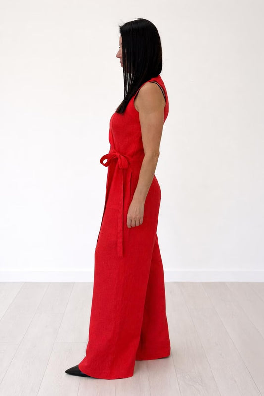 Women's Vibrant Red Cotton Sleeveless Wrap Jumpsuit