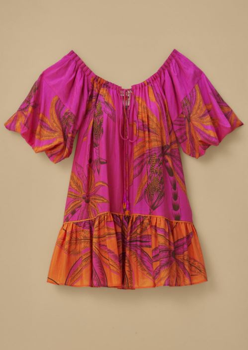 Vibrant Magenta Tropical Palm Print Off-Shoulder Cotton Mini Dress
