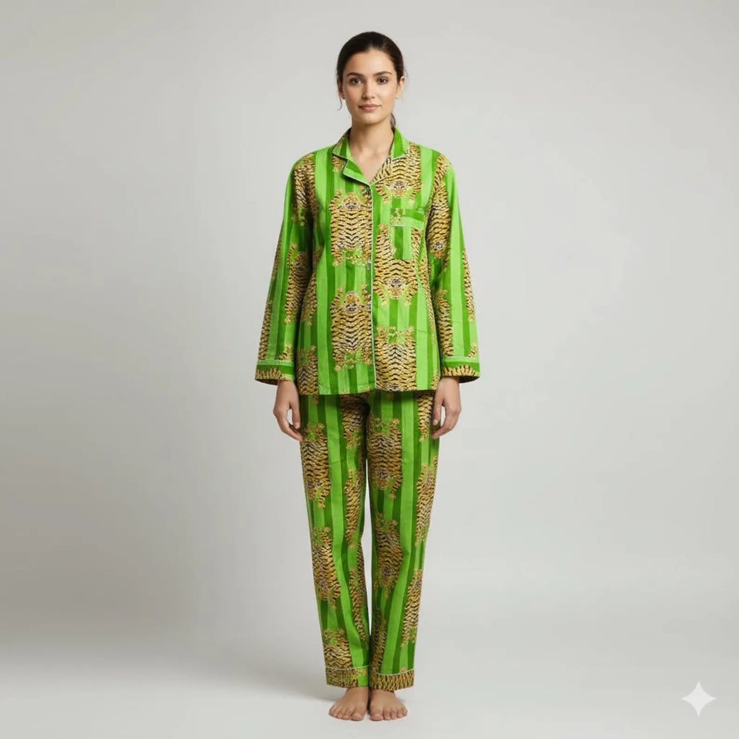 Tiger Stripe Printed Pajama Set | Luxury Satin Pajamas for Women | Boho Animal Print Loungewear