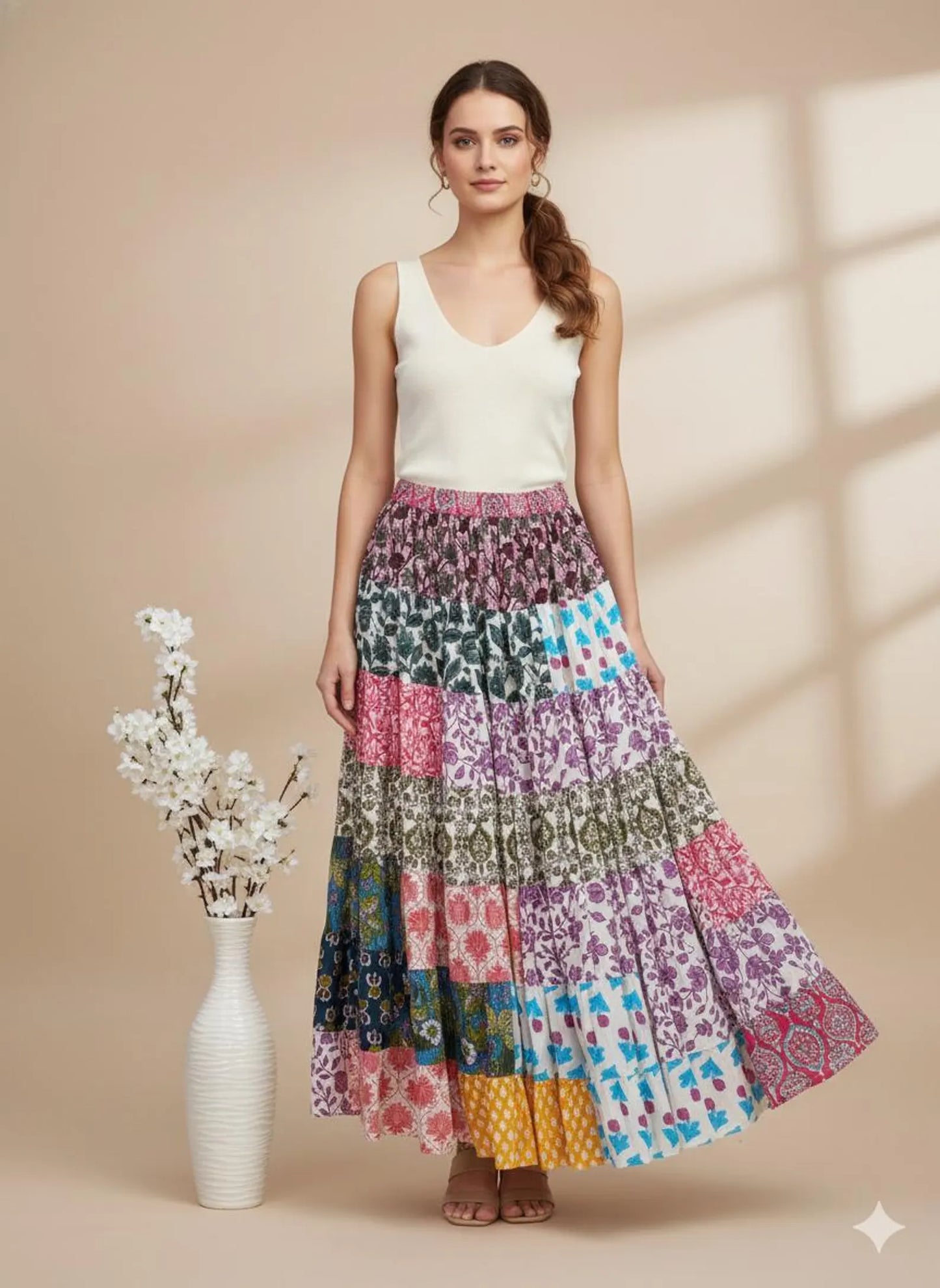 Patchwork Tiered Maxi Skirt | Colorful Boho Floral Skirt | Bohemian Flowy Long Skirt for Women