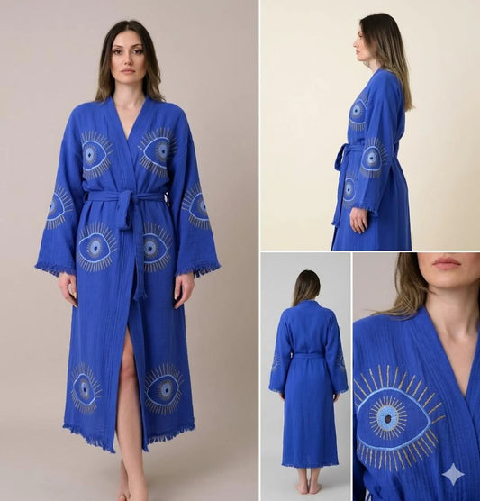 Evil Eye Embroidered Kimono Robe | Long Bohemian Beach Cover Up | Spiritual Protection Robe for Women