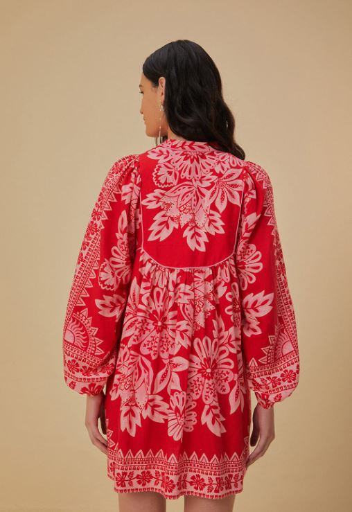 Red Floral Boho Puff Sleeve Cotton Mini Dress – Vacation Chic