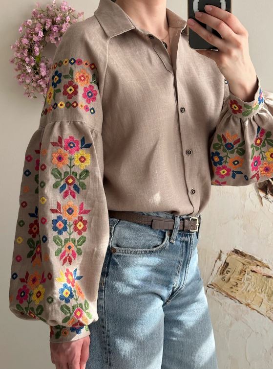Beige Floral Embroidered Cotton Blouse | Boho Rainbow Cross-Stitch Puff Sleeve Top | Folk Art Button-Up Shirt for Women | Cottagecore Style