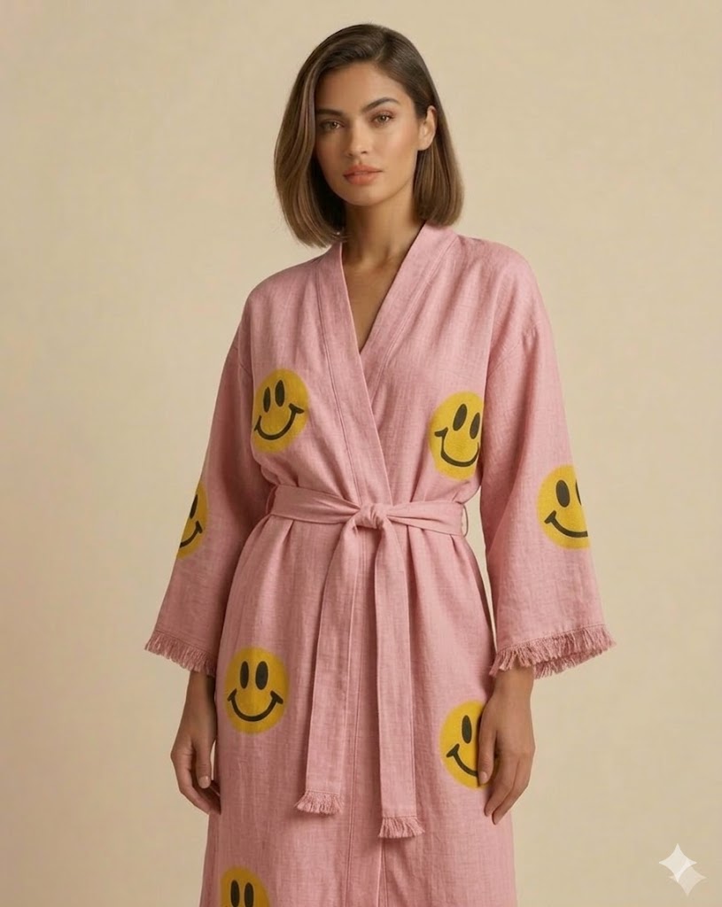 Smiley Face Linen Robe – Women’s Long Kimono Robe with Belt