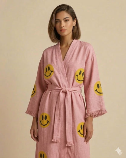 Smiley Face Linen Robe – Women’s Long Kimono Robe with Belt