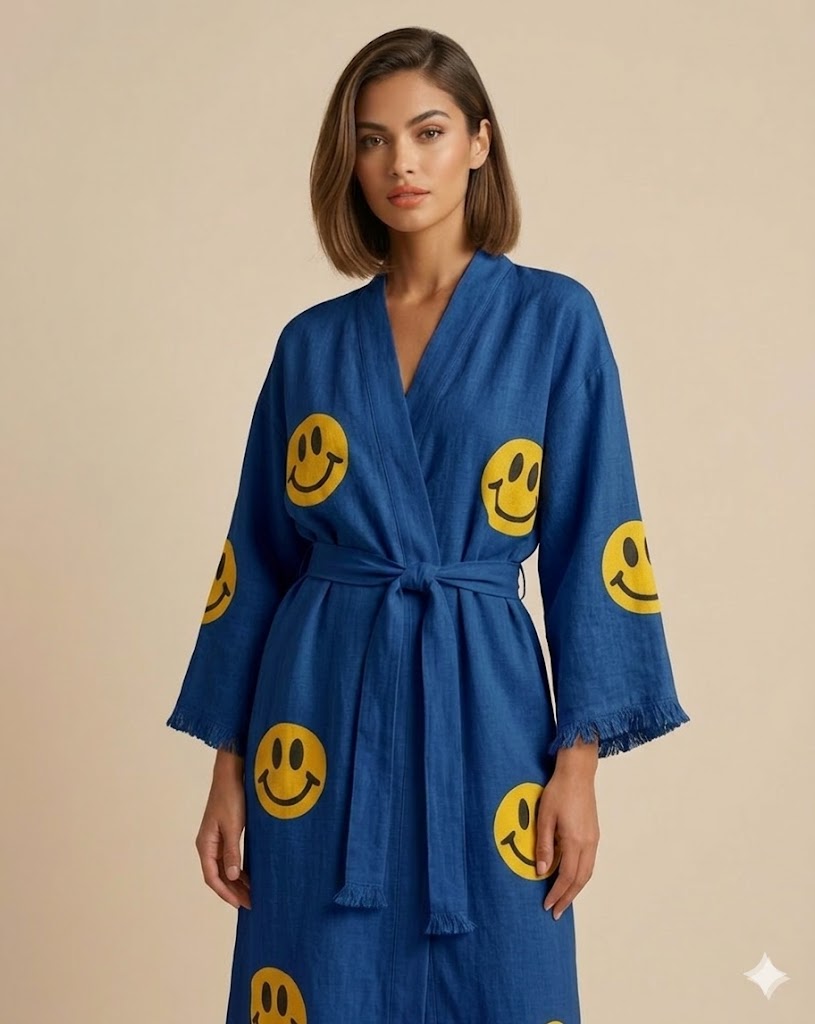 Smiley Face Linen Robe – Women’s Long Kimono Robe with Belt