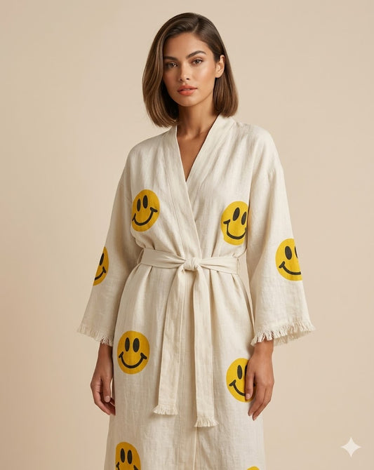 Cream Cotton Smiley Face Print Wrap KIMONO Dress | Happy Emoji Tie-Waist Midi Kaftan | Fun Bohemian Resort Wear Robe Dress