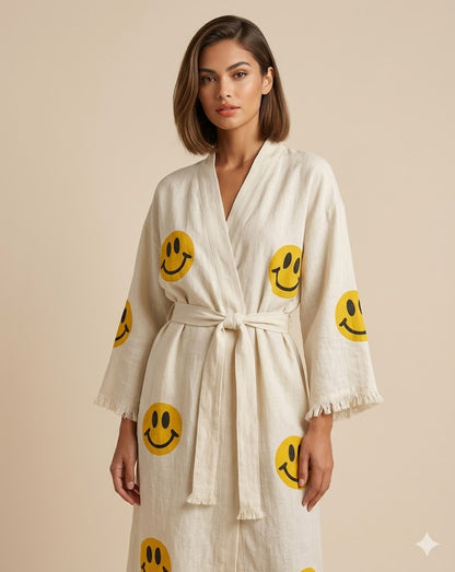 Smiley Face Linen Robe – Women’s Long Kimono Robe with Belt