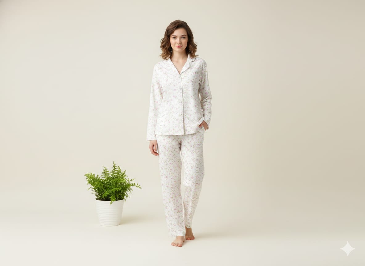 Women’s Floral Cotton Pajama Set – Soft Breathable Nightwear & Button-Down Loungewear Set (PJ Set, White night wear)