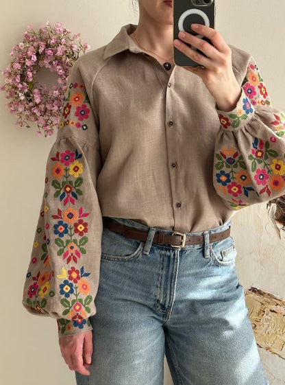 Beige Floral Embroidered Cotton Blouse | Boho Rainbow Cross-Stitch Puff Sleeve Top | Folk Art Button-Up Shirt for Women | Cottagecore Style