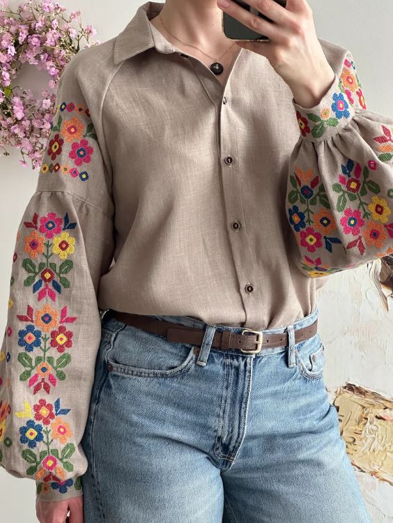 Beige Floral Embroidered Cotton Blouse | Boho Rainbow Cross-Stitch Puff Sleeve Top | Folk Art Button-Up Shirt for Women | Cottagecore Style