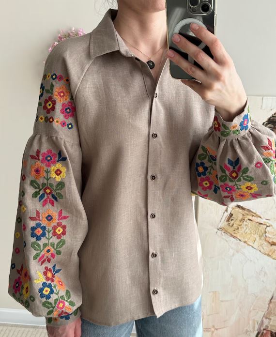 Beige Floral Embroidered Cotton Blouse | Boho Rainbow Cross-Stitch Puff Sleeve Top | Folk Art Button-Up Shirt for Women | Cottagecore Style