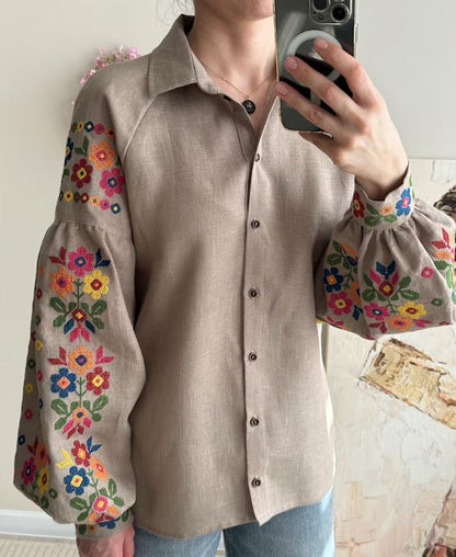Beige Floral Embroidered Cotton Blouse | Boho Rainbow Cross-Stitch Puff Sleeve Top | Folk Art Button-Up Shirt for Women | Cottagecore Style
