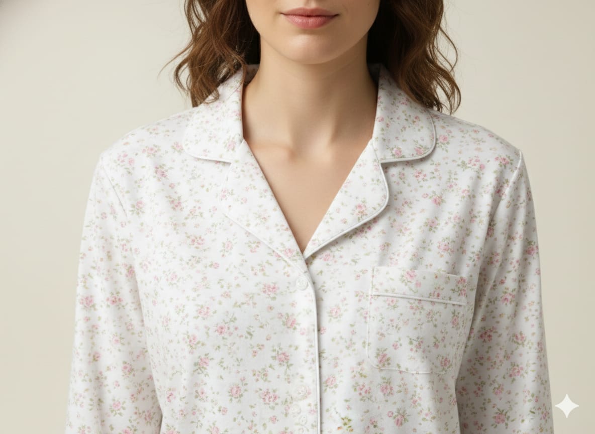 Women’s Floral Cotton Pajama Set – Soft Breathable Nightwear & Button-Down Loungewear Set (PJ Set, White night wear)