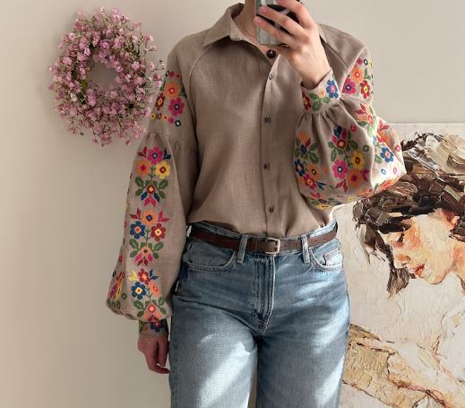 Beige Floral Embroidered Cotton Blouse | Boho Rainbow Cross-Stitch Puff Sleeve Top | Folk Art Button-Up Shirt for Women | Cottagecore Style