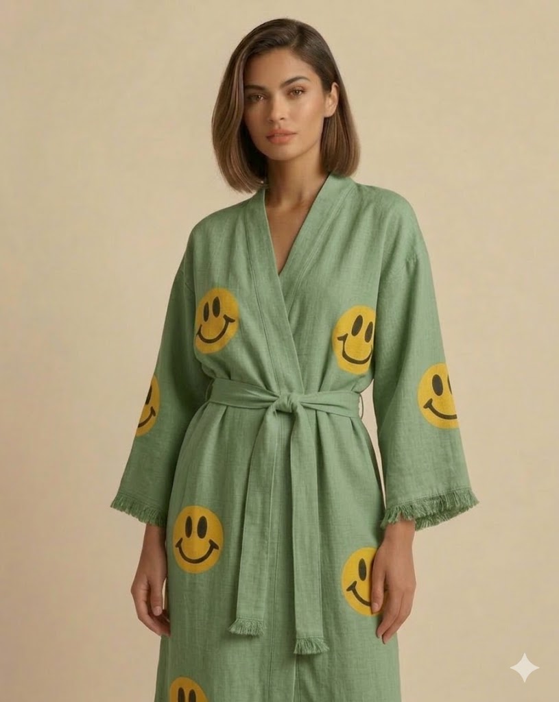 Smiley Face Linen Robe – Women’s Long Kimono Robe with Belt