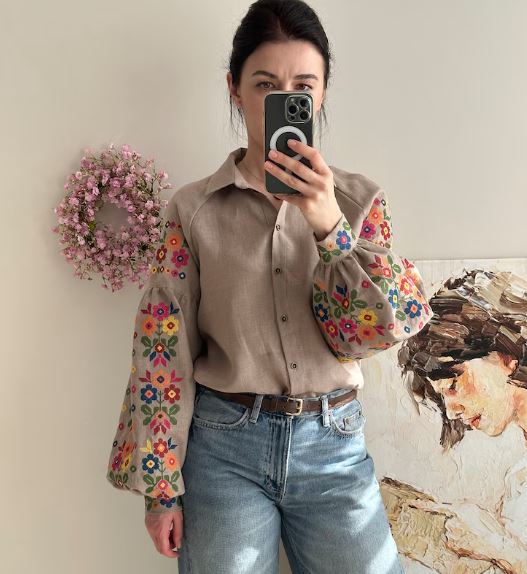 Beige Floral Embroidered Cotton Blouse | Boho Rainbow Cross-Stitch Puff Sleeve Top | Folk Art Button-Up Shirt for Women | Cottagecore Style