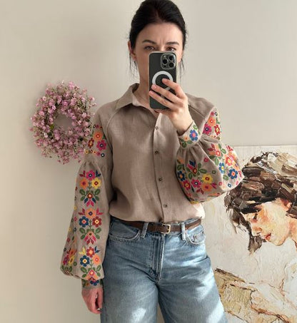 Beige Floral Embroidered Cotton Blouse | Boho Rainbow Cross-Stitch Puff Sleeve Top | Folk Art Button-Up Shirt for Women | Cottagecore Style