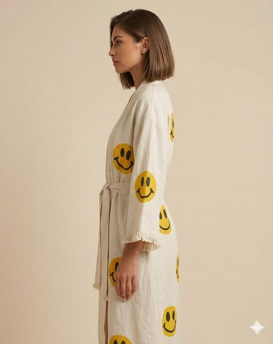 Cream Cotton Smiley Face Print Wrap KIMONO Dress | Happy Emoji Tie-Waist Midi Kaftan | Fun Bohemian Resort Wear Robe Dress