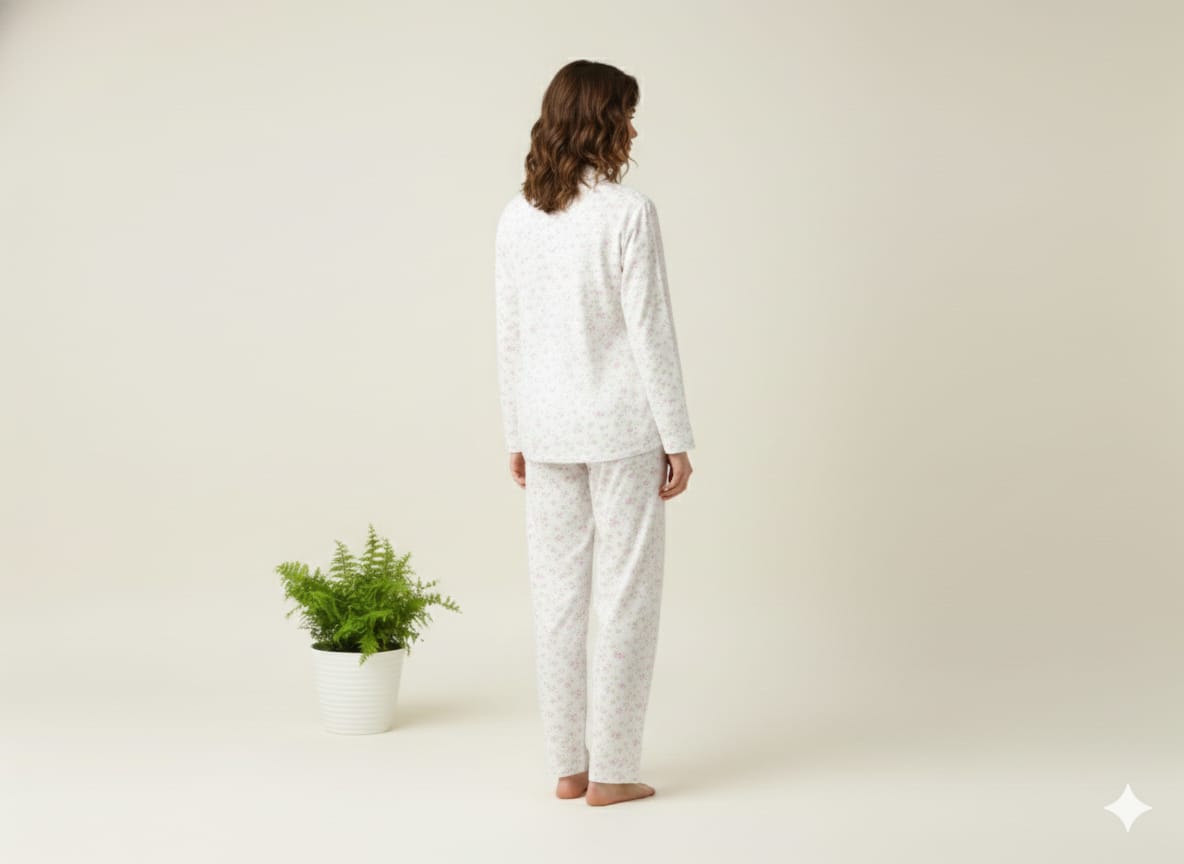 Women’s Floral Cotton Pajama Set – Soft Breathable Nightwear & Button-Down Loungewear Set (PJ Set, White night wear)