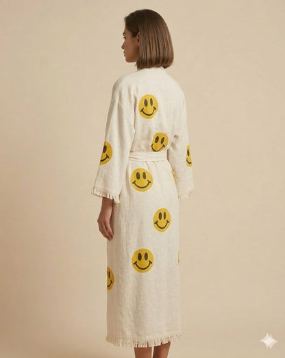 Cream Cotton Smiley Face Print Wrap KIMONO Dress