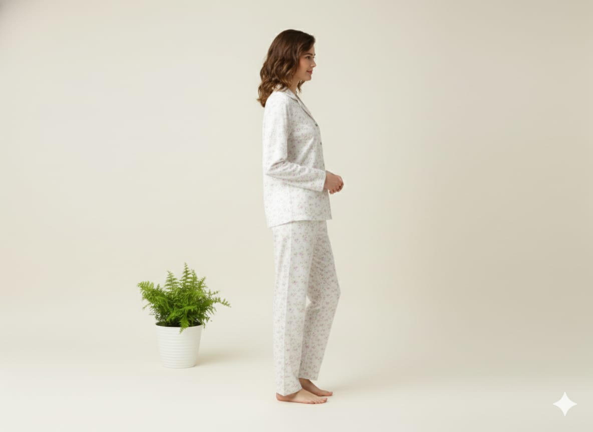 Women’s Floral Cotton Pajama Set – Soft Breathable Nightwear & Button-Down Loungewear Set (PJ Set, White night wear)