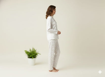 Women’s Floral Cotton Pajama Set – Soft Breathable Nightwear & Button-Down Loungewear Set (PJ Set, White night wear)