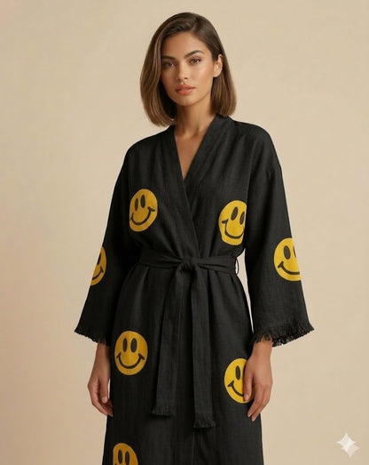 Smiley Face Linen Robe – Women’s Long Kimono Robe with Belt