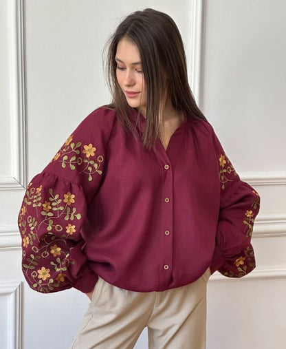 Maroon Floral Embroidered Cotton Blouse for Women – Puff Sleeve Boho Shirt