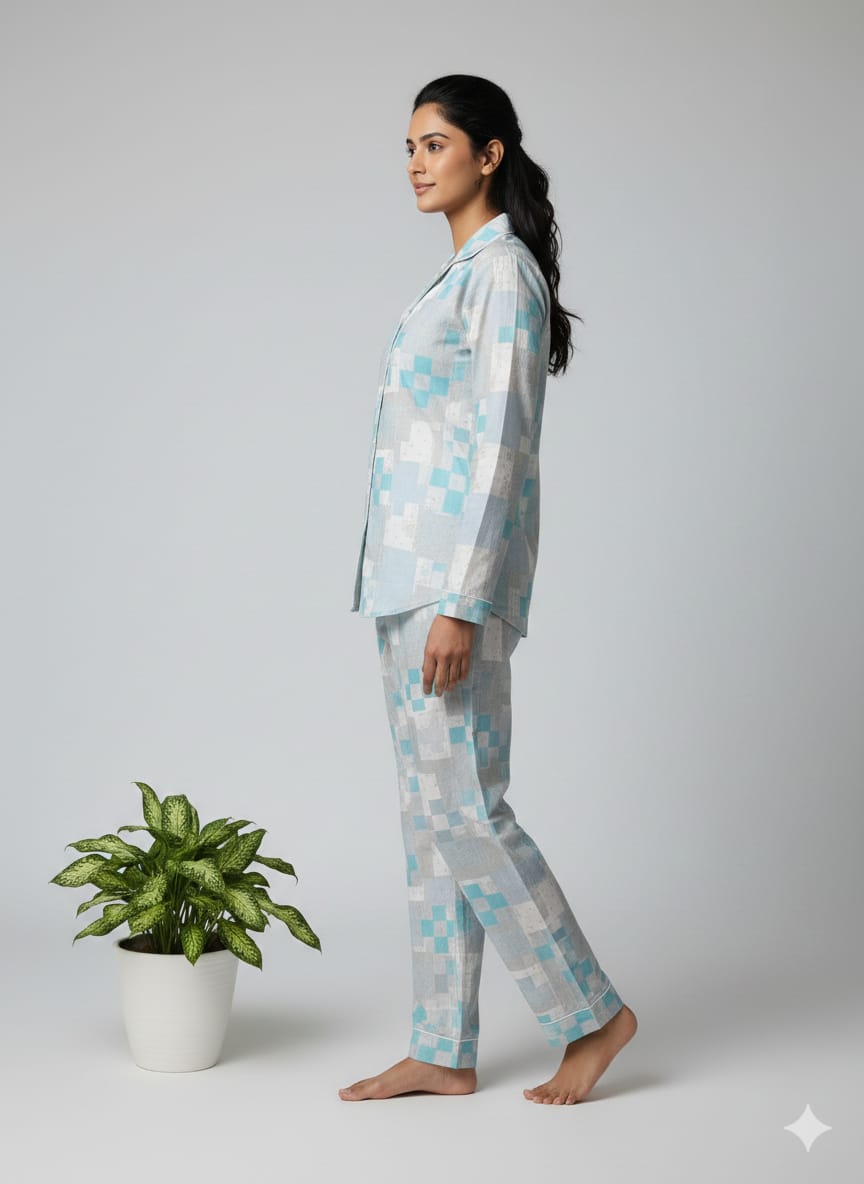 Pikaru Women's Cotton Kaftan Pyjama Set | Pixel Block Print Loungewear  PJ Sets | Full Sleeve Shirt & Pant Set for Women
