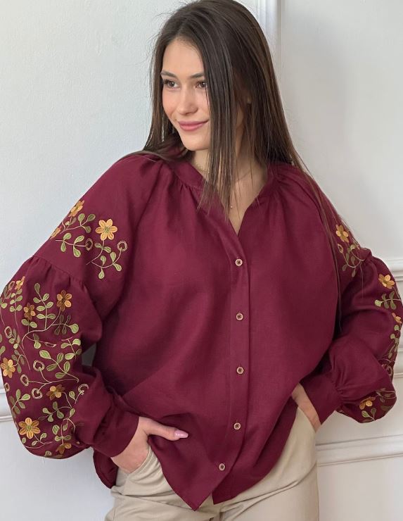 Maroon Floral Embroidered Cotton Blouse for Women – Puff Sleeve Boho Shirt