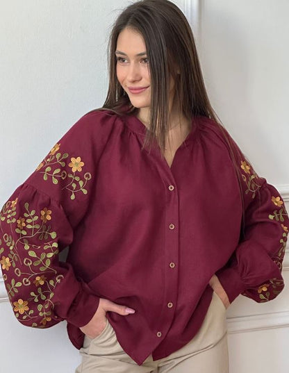 Maroon Floral Embroidered Cotton Blouse for Women – Puff Sleeve Boho Shirt
