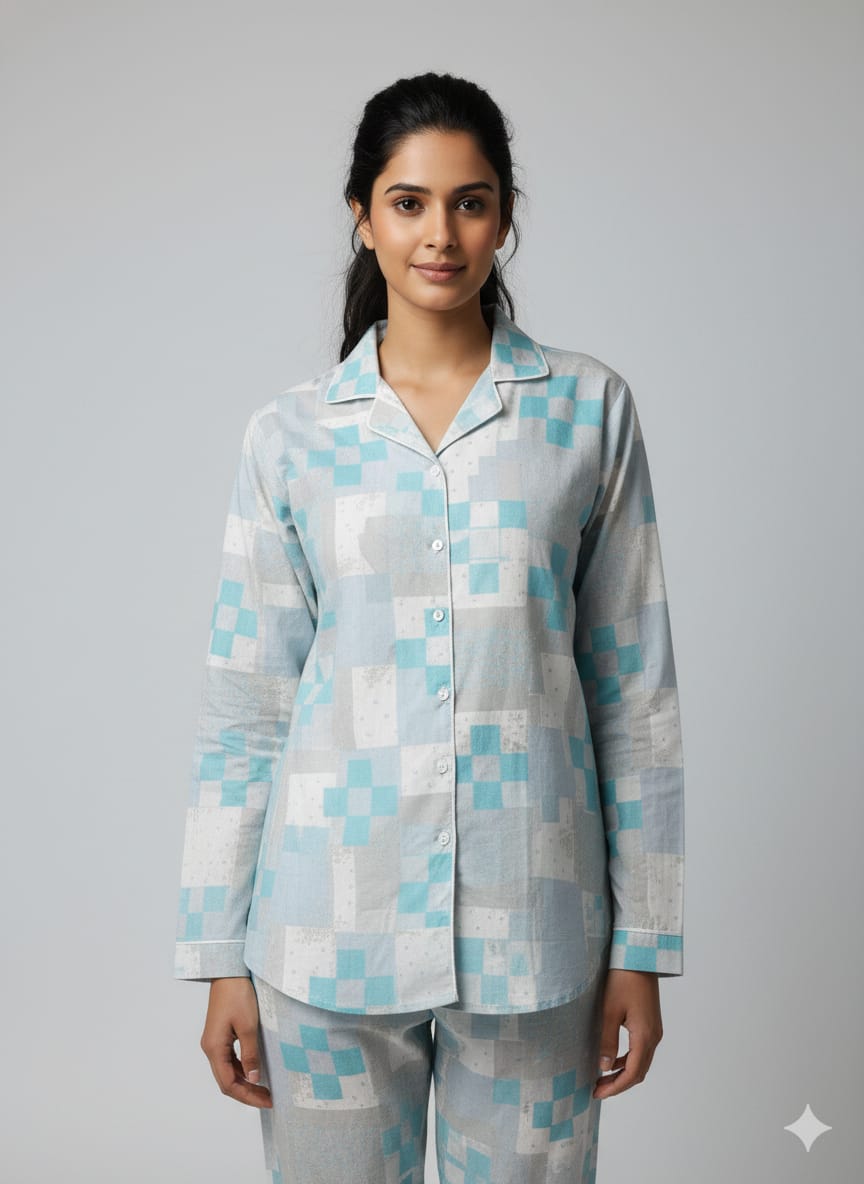 Pikaru Women's Cotton Kaftan Pyjama Set | Pixel Block Print Loungewear  PJ Sets | Full Sleeve Shirt & Pant Set for Women