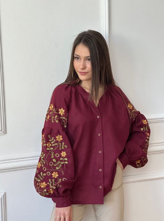 Maroon Floral Embroidered Cotton Blouse for Women – Puff Sleeve Boho Shirt