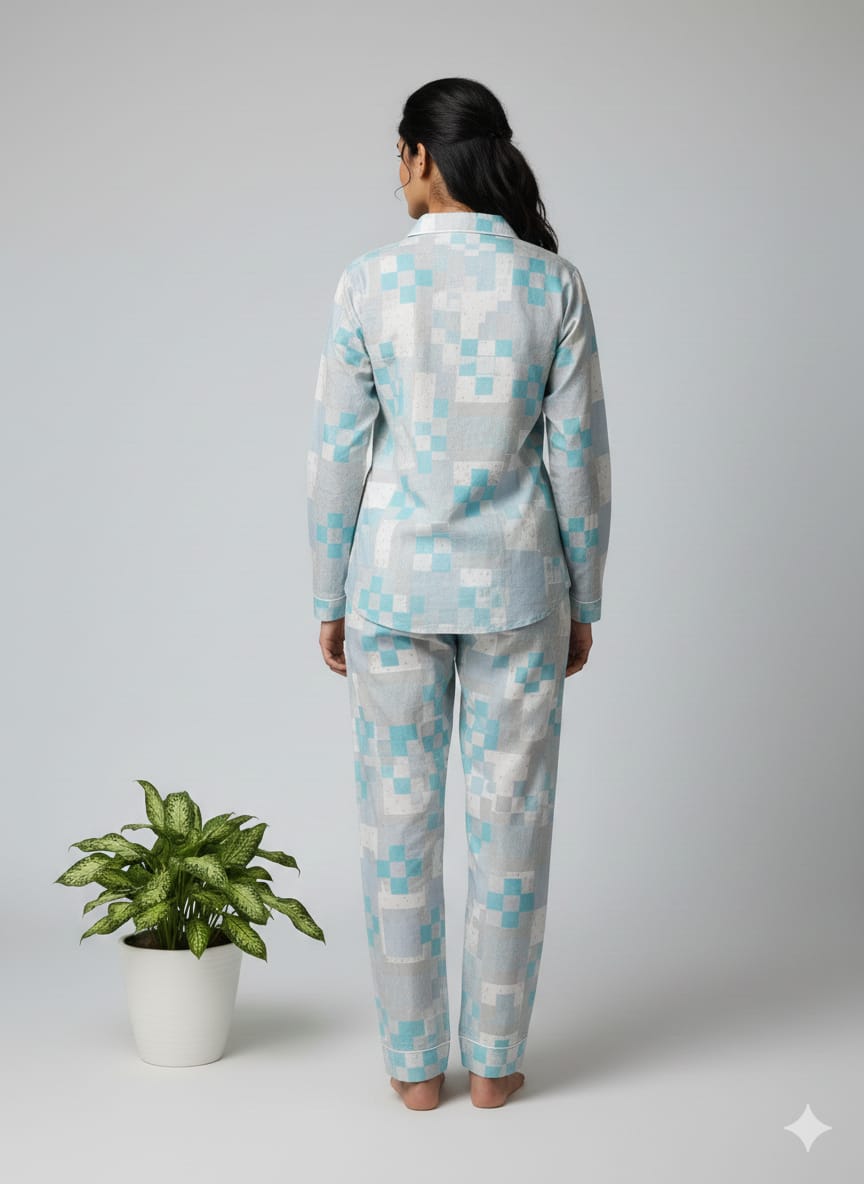 Pikaru Women's Cotton Kaftan Pyjama Set | Pixel Block Print Loungewear  PJ Sets | Full Sleeve Shirt & Pant Set for Women