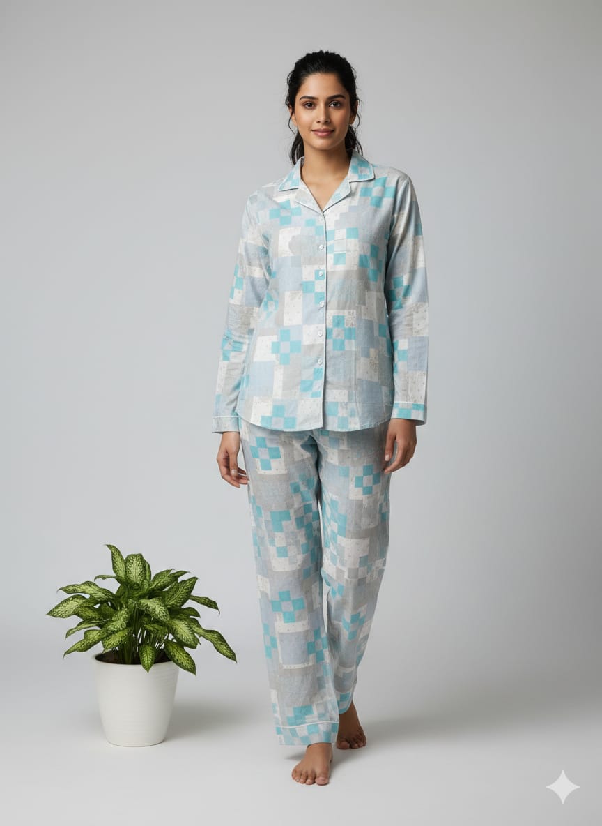 Pikaru Women's Cotton Kaftan Pyjama Set | Pixel Block Print Loungewear  PJ Sets | Full Sleeve Shirt & Pant Set for Women