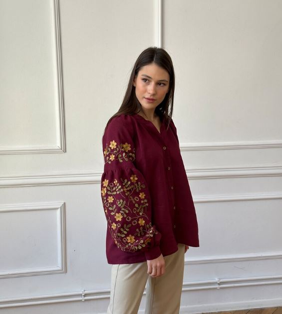 Maroon Floral Embroidered Cotton Blouse for Women – Puff Sleeve Boho Shirt