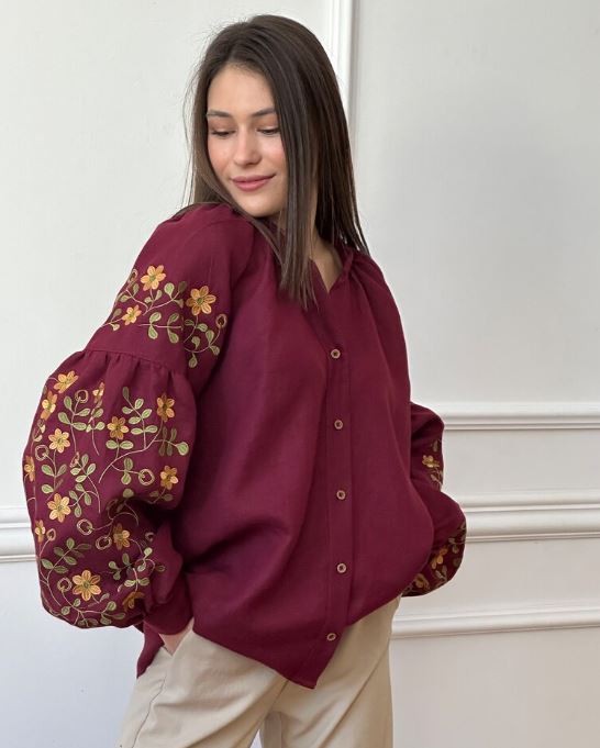 Maroon Floral Embroidered Cotton Blouse for Women – Puff Sleeve Boho Shirt