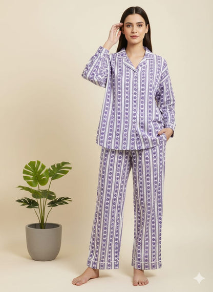 Pikaru Women's Cotton Kaftan Pyjama Set | Purple Aztec Stripe Print Loungewear PJ Sets | Full Sleeve Shirt & Pant Co-ord Set