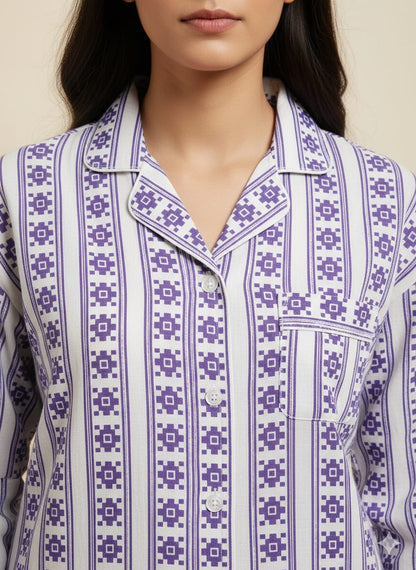 Pikaru Women's Cotton Kaftan Pyjama Set | Purple Aztec Stripe Print Loungewear PJ Sets | Full Sleeve Shirt & Pant Co-ord Set