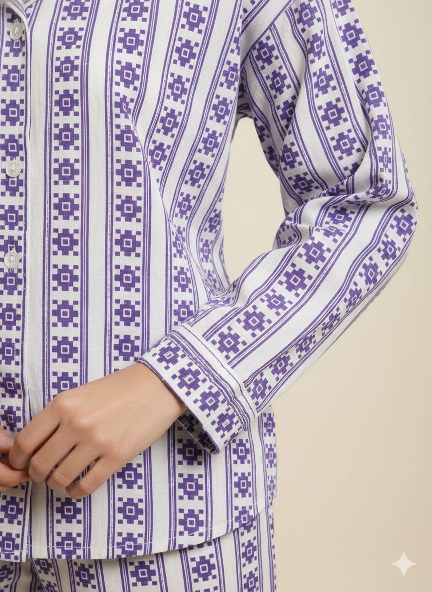 Pikaru Women's Cotton Kaftan Pyjama Set | Purple Aztec Stripe Print Loungewear PJ Sets | Full Sleeve Shirt & Pant Co-ord Set