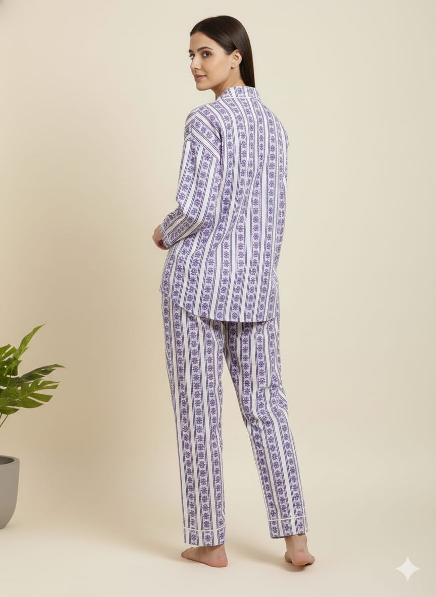 Pikaru Women's Cotton Kaftan Pyjama Set | Purple Aztec Stripe Print Loungewear PJ Sets | Full Sleeve Shirt & Pant Co-ord Set