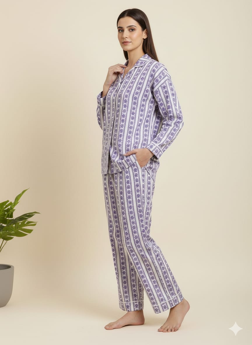 Pikaru Women's Cotton Kaftan Pyjama Set | Purple Aztec Stripe Print Loungewear PJ Sets | Full Sleeve Shirt & Pant Co-ord Set